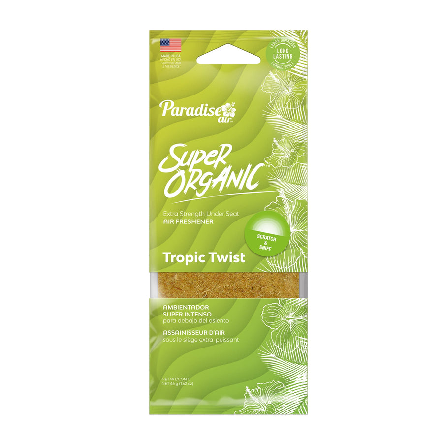 Paradise Air Super Organic Tropic Twist green hanging pouch with visible brown under-seat air freshener pad.