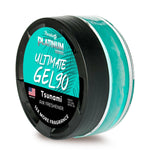 Round turquoise gel air freshener with black vented lid labeled ‘Platinum Ultimate Gel 90 Tsunami’ against white background.