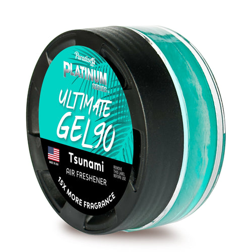 Round turquoise gel air freshener with black vented lid labeled ‘Platinum Ultimate Gel 90 Tsunami’ against white background.