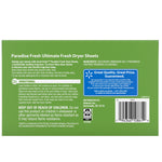 Green product back label showing ingredients, directions, barcode and Great Quality, Great Price guarantee for dryer sheets