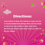 Directions panel on a pink background with instructions for using dryer sheets and decorative graphic elements