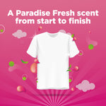 Pink promotional graphic featuring a white t-shirt illustration and headline about a Paradise Fresh scent from start to finish