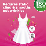 Pink infographic with a white dress illustration and text about reducing static and smoothing wrinkles for Paradise Fresh dryer sheets
