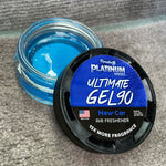 Opened Paradise Platinum Ultimate GEL90 container showing blue gel in clear jar with branded black lid beside it