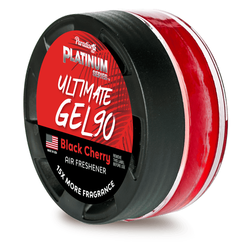 Close-up of a Paradise Platinum Ultimate GEL90 Black Cherry air freshener canister