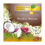 Square product art reading "Paradise Retreat" with coconuts, cherries, white blossoms and a banner for natural essential oils