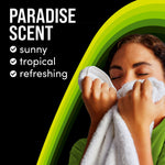 Lifestyle-style graphic reading Paradise scent with checklist sunny, tropical, refreshing and a person smelling a towel
