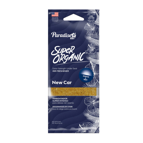 Paradise Air Super Organic New Car under-seat air freshener in blue retail pouch with visible scent block and floral graphics