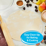Baking scene with rolled dough on parchment paper, rolling pin and fruit, label bubble reads easy clean-up for baking & cooking