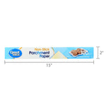 Great Value parchment paper box displayed with measurement overlays showing a 15" width and 2" height on a white background.