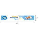 Graphic showing measurements and dimensions of Great Value parchment paper packaging with 15" width and 2" height marked