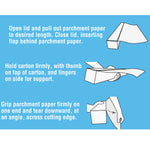 Blue instructional panel with line art demonstrating how to open, hold and tear parchment paper from the carton.