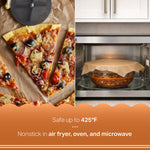 Split image showing pizza slices on parchment and a microwave bowl covered with unbleached parchment, Product safe-temp claim