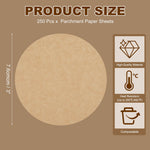 Product size infographic showing a 7.6 cm (3") round parchment sheet with icons for heat resistance and compostable.
