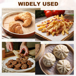Four‑panel collage titled ‘Widely Used’ showing croissant in a pan, fries, cookies being served, and steamed buns on parchment.