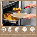 Hands placing a round parchment‑lined plate into an oven with roasted vegetables on a tray and appliance use icons below.