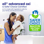 Lifestyle image showing a smiling parent holding a child next to the Safer Choice certification and all® logo