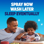 Parent smiling with toddler at a table under headline 'Spray Now Wash Later' on a blue gradient background