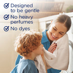 Parent and child smiling with towels next to checklist text reading designed to be gentle, no heavy perfumes, no dyes