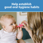 Parent assisting a baby who is holding a pink elephant toothbrush, with text above about establishing good oral hygiene habits.