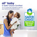 Woman holding a laughing toddler next to a large 'Safer Choice' certification graphic and all baby branding text