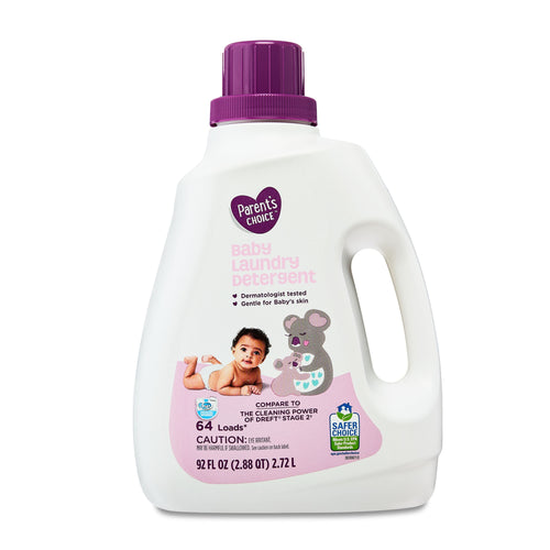 White Parent's Choice baby laundry detergent jug with purple cap and baby illustration on front label