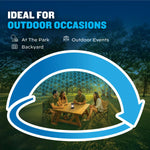 Park picnic scene with four people at a table under a blue dome-style zone graphic and text ideal for outdoor occasions