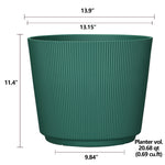 Parker green ribbed planter with dimension callouts showing 13.9" diameter and 11.4" height