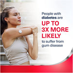 Lifestyle-style promotional image of a woman stretching with text about diabetes increasing risk of gum disease