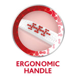 Graphic close-up of ergonomic toothbrush handle textured grip shown inside a circular branded frame