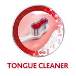 Close-up graphic of a toothbrush head brushing the tongue with red and blue bristles inside circular branded frame
