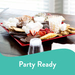 Party platter with clear disposable cups holding marshmallows and toppings, teal banner at bottom reading ‘Party Ready’