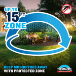 Outdoor patio scene overlaid with a blue arrowed graphic indicating a 15 ft protected zone and Thermacell logo