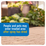 Outdoor paved patio scene with blurred plants in background and text warning people and pets may enter treated area after spray dries