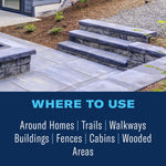 Outdoor hardscape scene with stone steps above copy panel 'Where to use' listing homes, trails, walkways and wooded areas