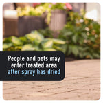 Paved patio foreground with blurred garden behind and a label stating people and pets may enter treated area after spray has dried.