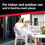 Woman sitting on a patio chair using a phone beneath text stating for indoor and outdoor use and in hard-to-reach places