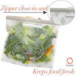 Single patterned reusable zipper bag filled with salad, close-up inset of the gray zipper seal and 'Keep food fresh' graphic text.