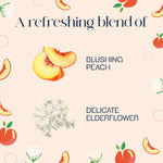Graphic showing peach slices and elderflower with text describing a refreshing blend of blushing peach and delicate elderflower