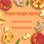 Graphic panel with peaches, ginger and text 'Peach Ginger Spritz' describing 'Delicious peach' and 'Sparkling ginger'