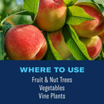 Photograph of peaches on a branch above text 'WHERE TO USE' listing fruit & nut trees, vegetables and vine plants.