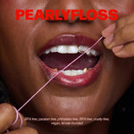 Close-up of a mouth using pink dental floss, with PEARLYFLOSS logo across the top and product benefit text below.