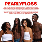 Group lifestyle image of four smiling people under the PEARLYFLOSS logo with descriptive product copy above them.