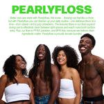 Group portrait of four smiling people beneath pearlyfloss brand text and a short product description