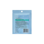 Back of pearlyfloss mint floss pouch with product copy, barcode and brand logo on light blue packaging
