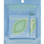 Front of pearlyfloss mint floss and picks 2-in-1 kit in blue retail pouch with leaf graphic