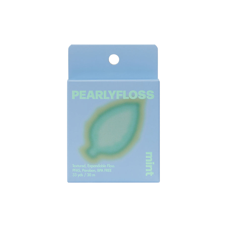 Blue Pearlyfloss mint dental floss hang-tab box with stylized leaf graphic and mint label on white background