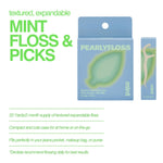 Product-detail graphic showing pearlyfloss mint floss and picks packaging with descriptive text and features