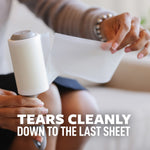 Hands peeling a sheet from a lint roller with text overlay “Tears Cleanly Down To The Last Sheet”