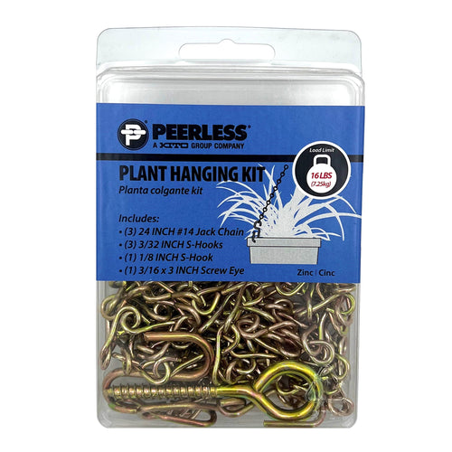 Clear blister pack with Peerless branded blue label showing plant hanging kit and zinc-coated chains and screw eye